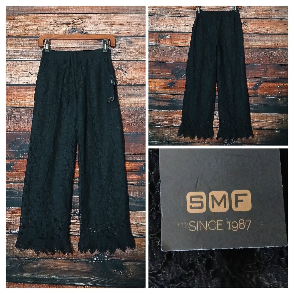 NWT SMF Pants M Black Lace Wide Leg Ankle Fringe Pockets Made in Portugal